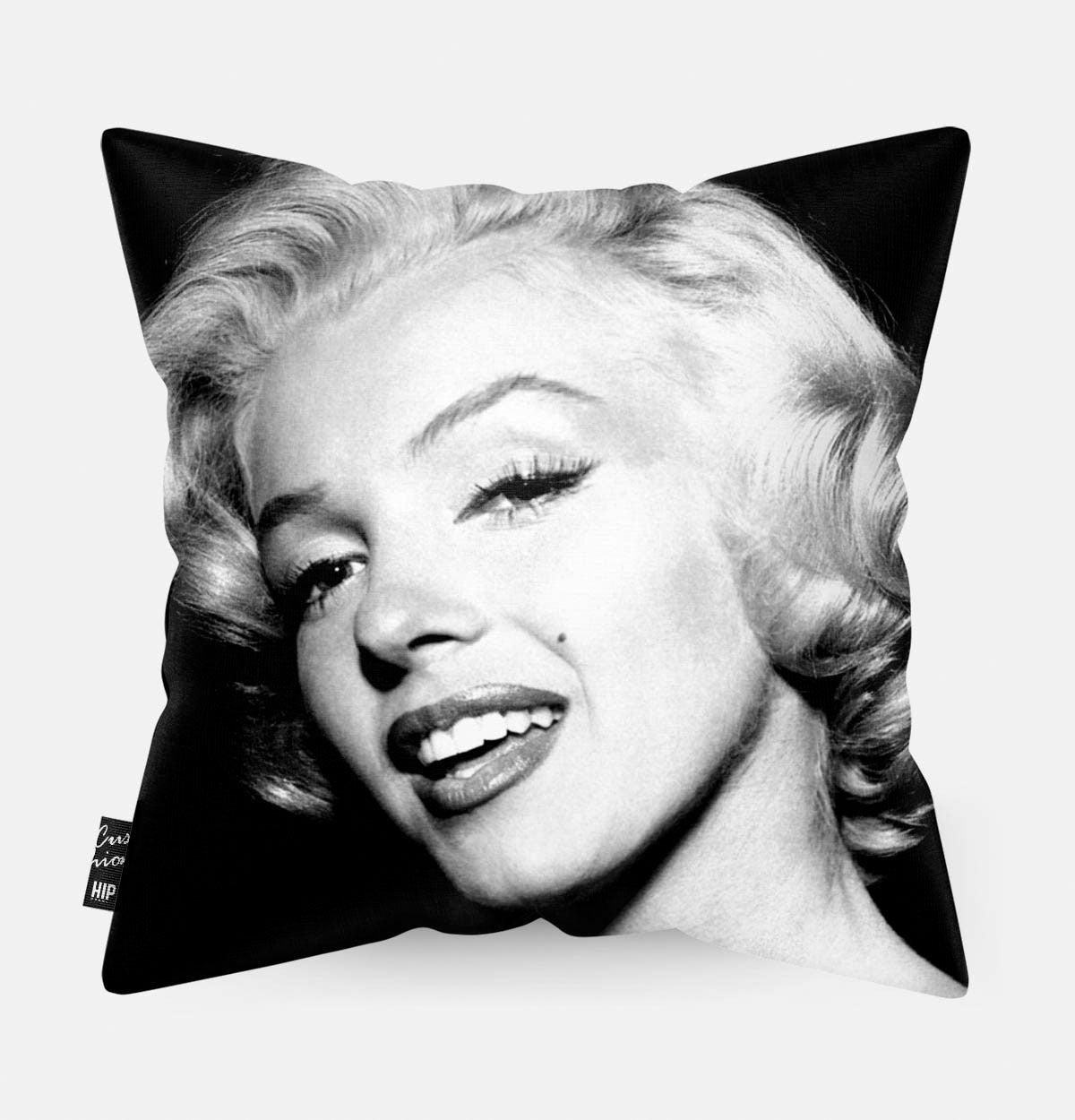 Kussen met Marylin Monroe in het zwart-wit erop afgebeeld.