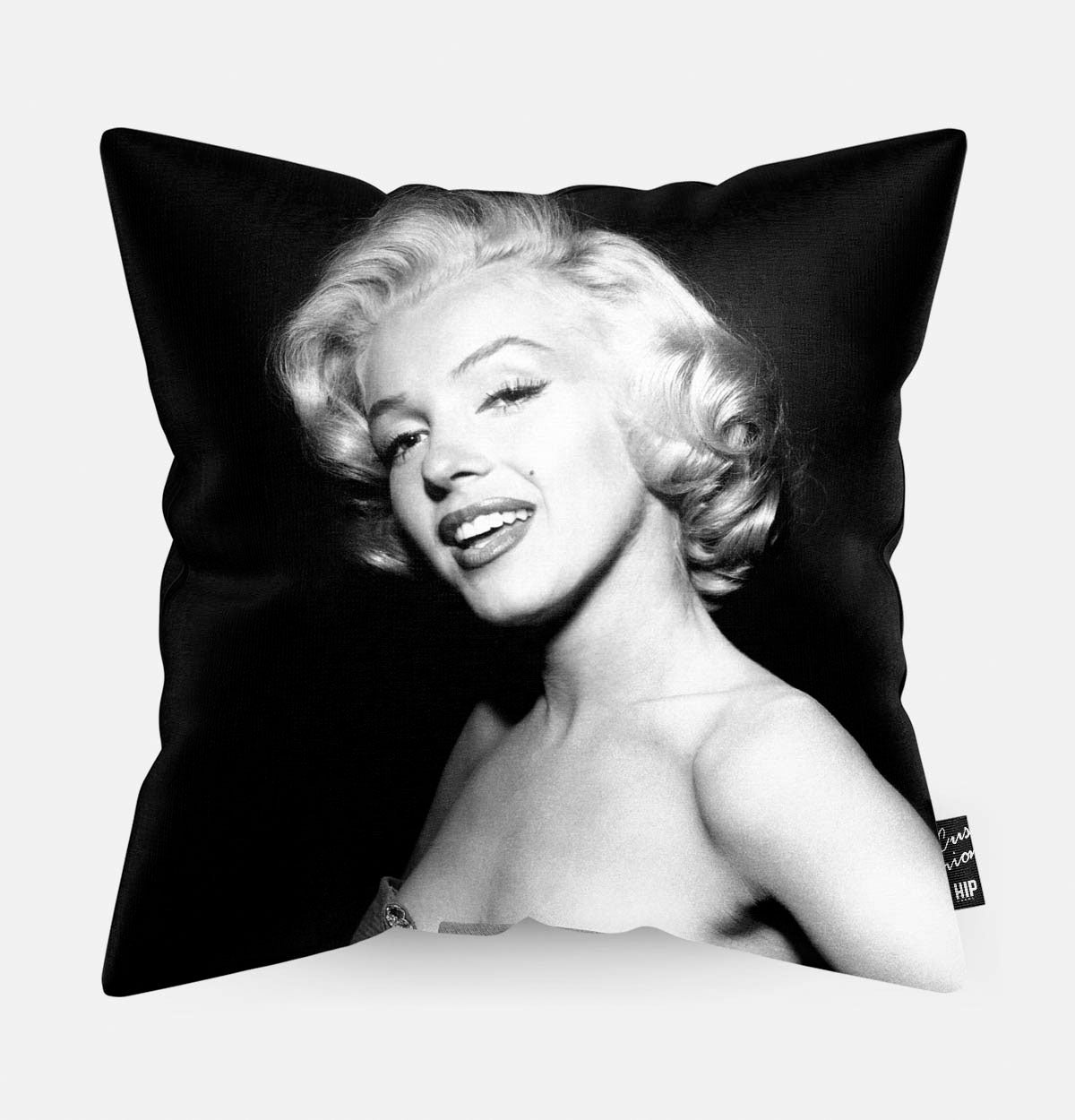 Kussen met Marylin Monroe in het zwart-wit erop afgebeeld.