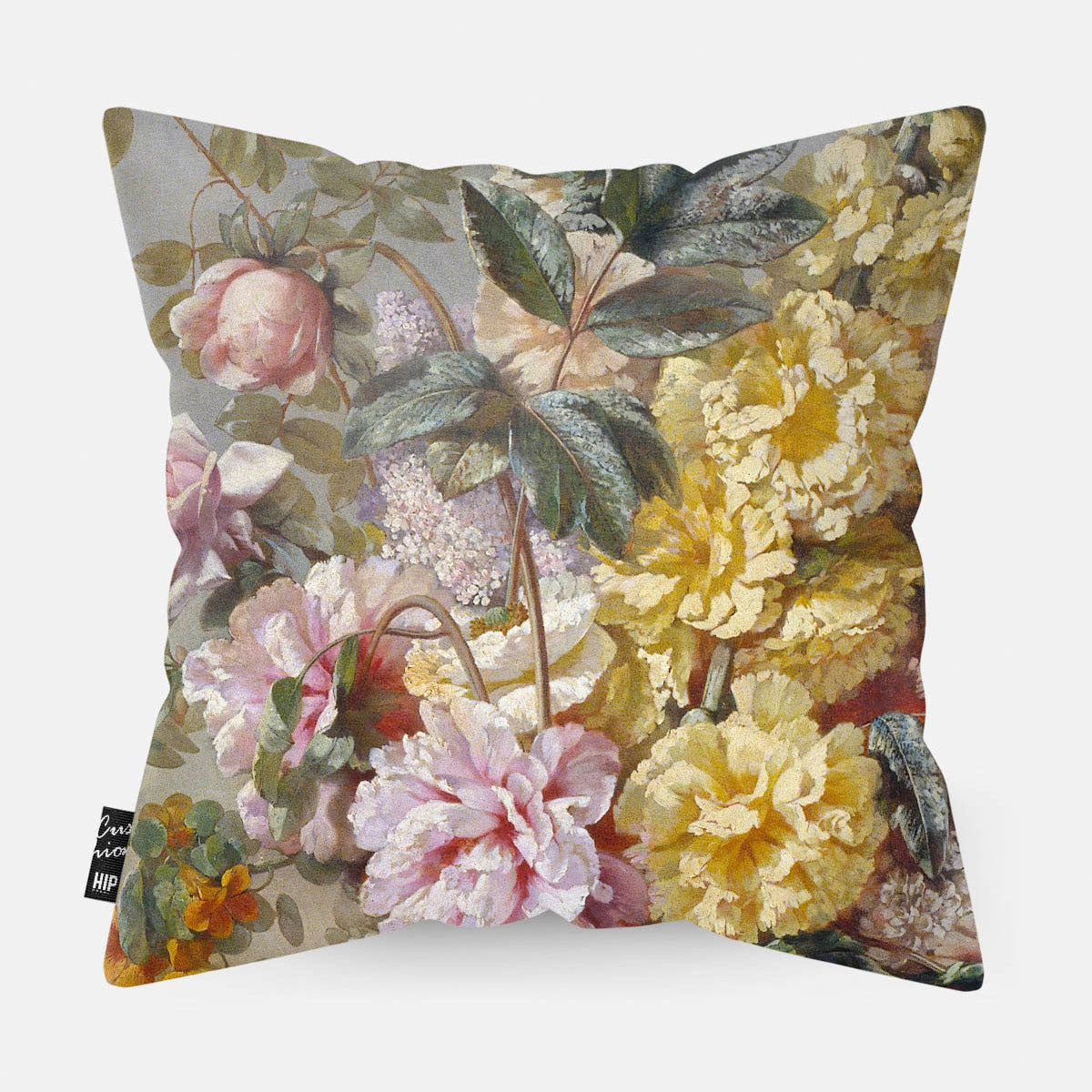 Kussen met schilderij van grote vaas met bloemen Mirabent erop afgebeeld in detail.