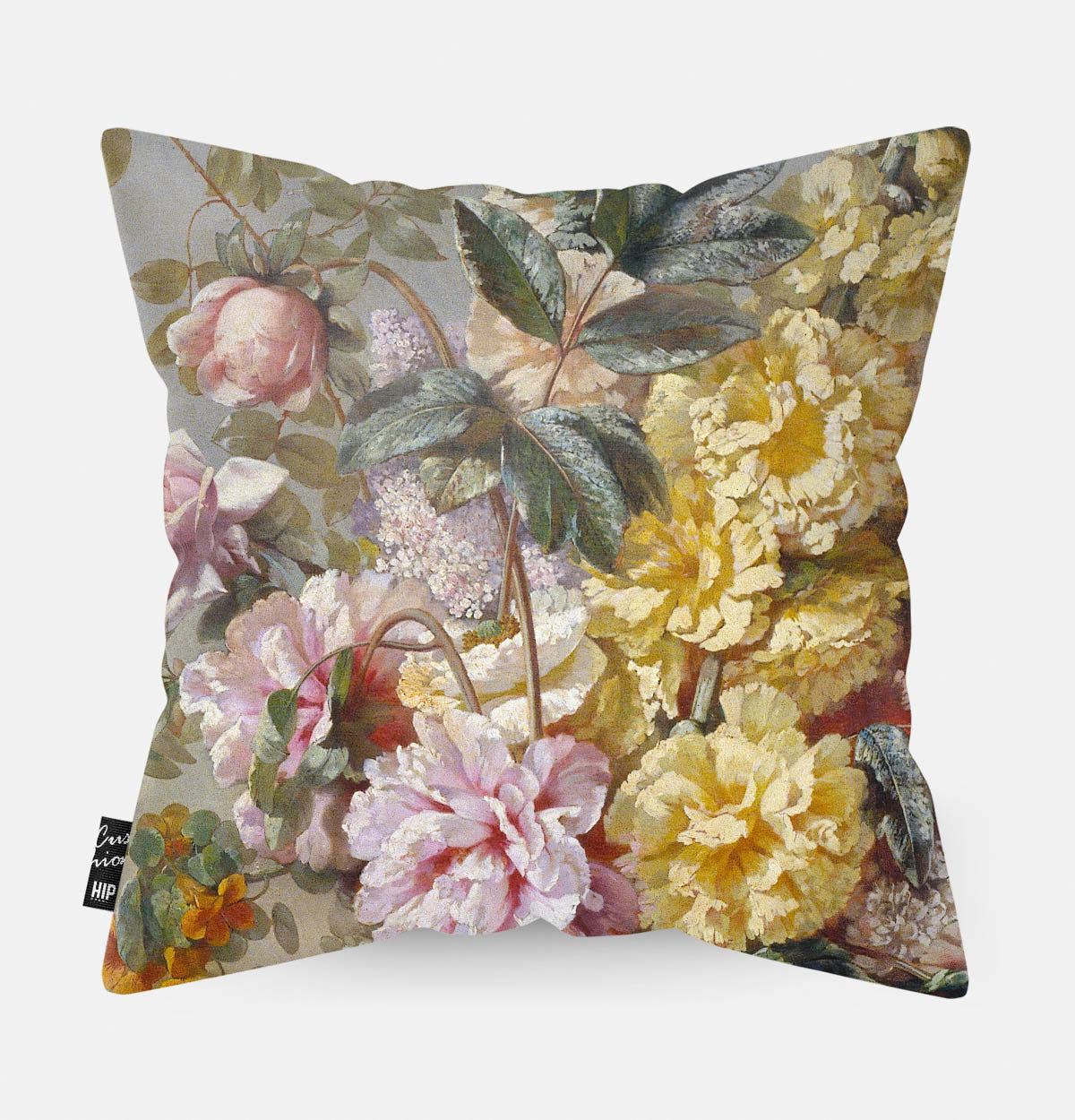 Kussen met schilderij van grote vaas met bloemen Mirabent erop afgebeeld in detail.