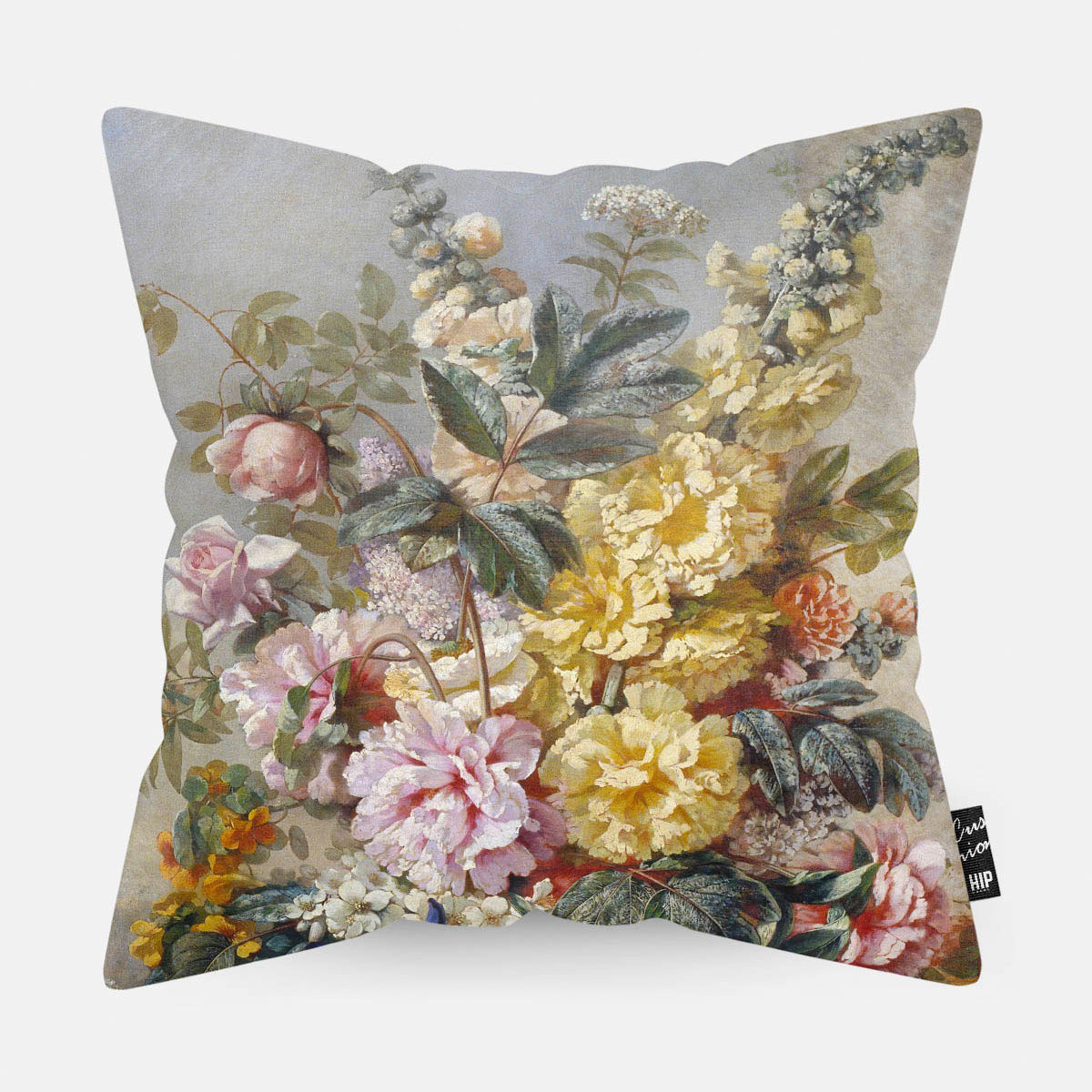 Kussen met schilderij van grote vaas met bloemen Mirabent erop afgebeeld.