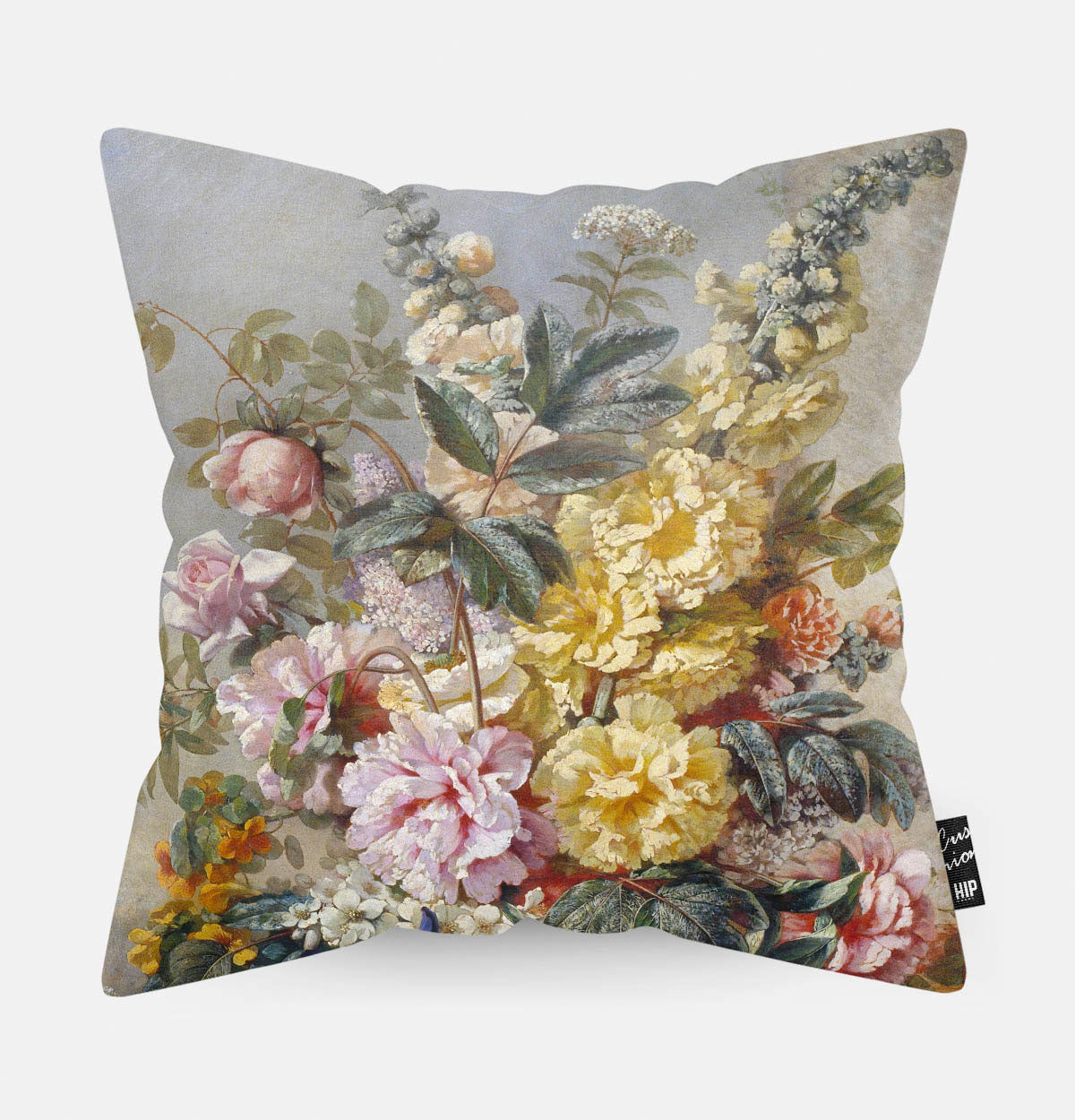 Kussen met schilderij van grote vaas met bloemen Mirabent erop afgebeeld.