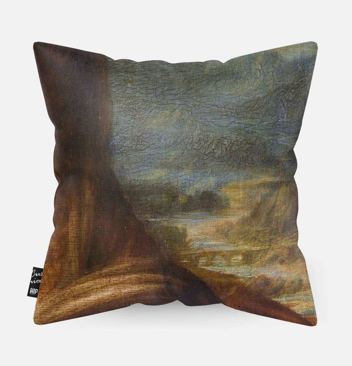Kussen met schildering van de Mona Lisa erop afgebeeld.