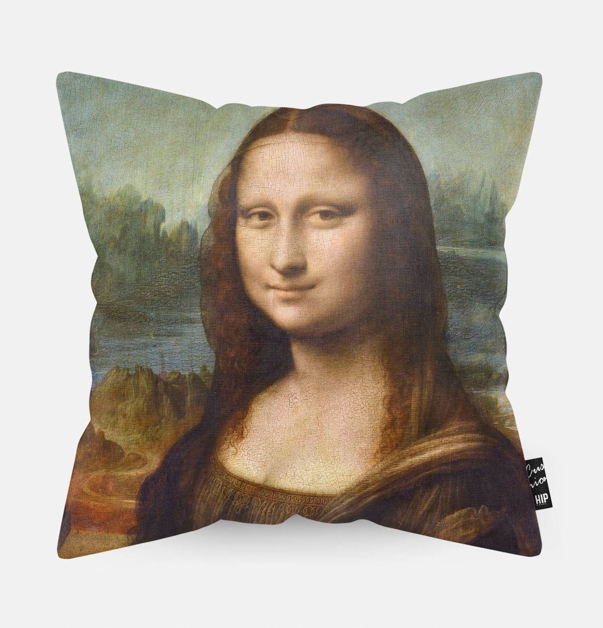 Kussen met schildering van de Mona Lisa erop afgebeeld.