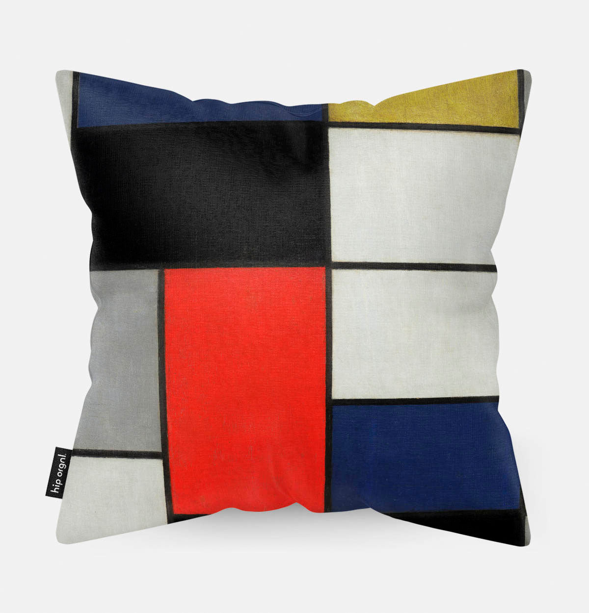 Sierkussen achterzijde met Mondriaan patroon rood, geel, grijs, blauw, wit