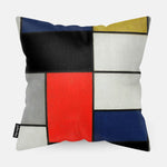 Sierkussen achterzijde met Mondriaan patroon rood, geel, grijs, blauw, wit