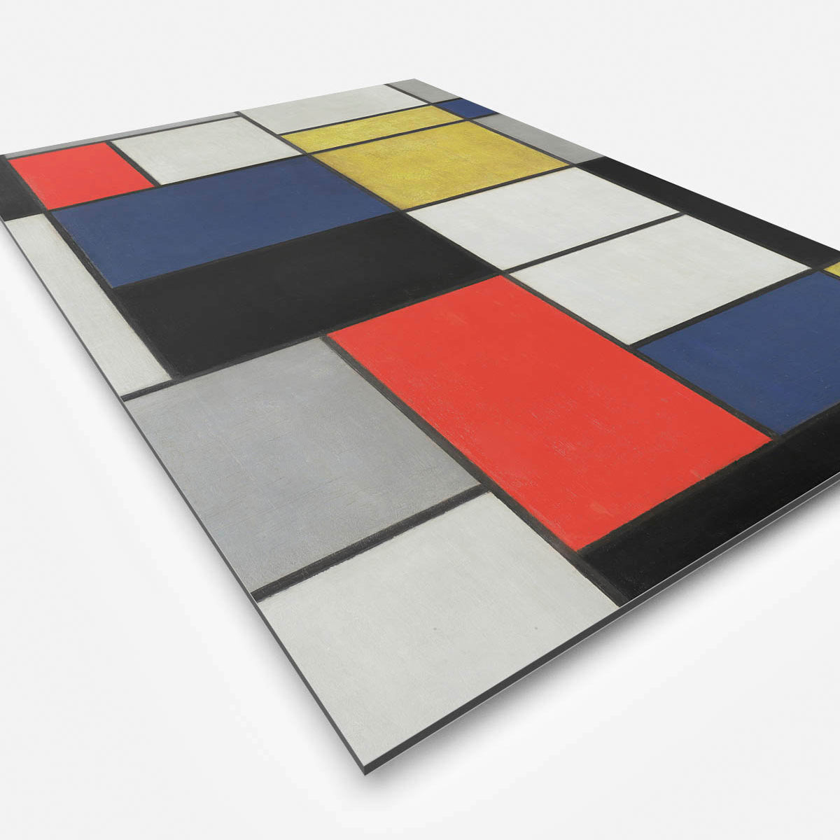 Mondriaan schilderij rood, geel, grijs, blauw, wit zijaanzicht