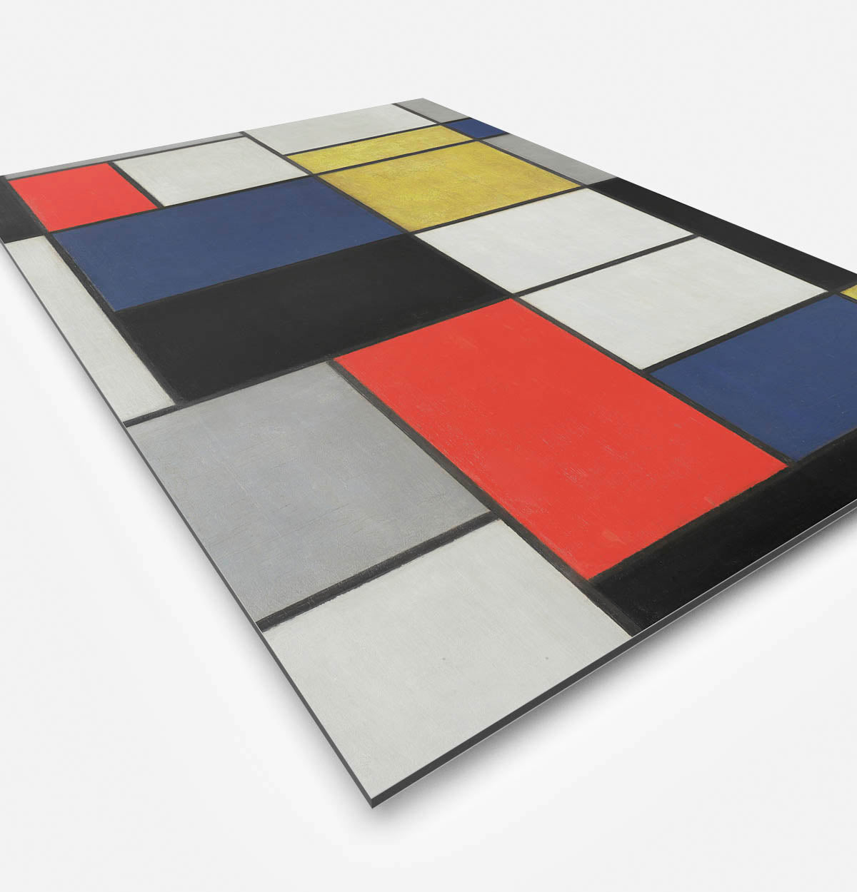 Mondriaan schilderij rood, geel, grijs, blauw, wit zijaanzicht