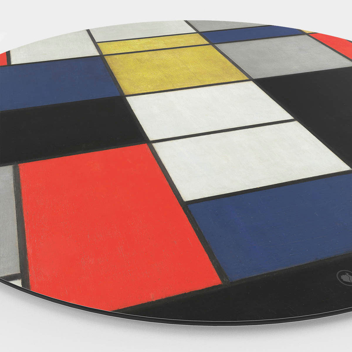 Mondriaan wandcirkel rood, geel, grijs, blauw, wit, zijaanzicht