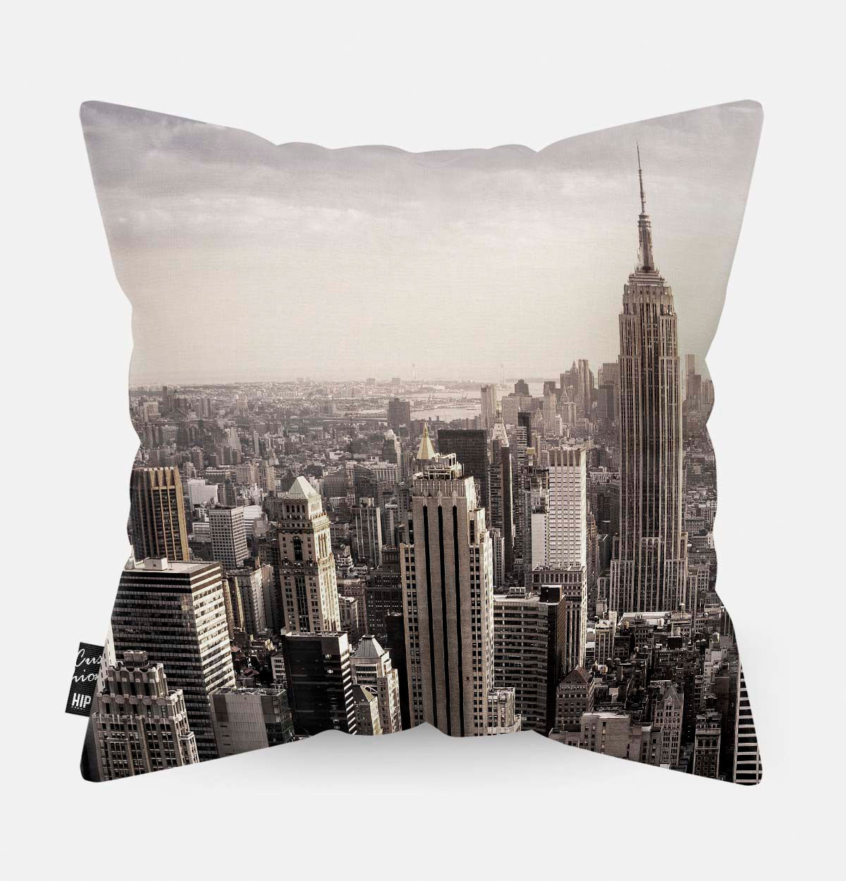 Achterzijde van een sierkussen met een afbeelding van New York Skyline