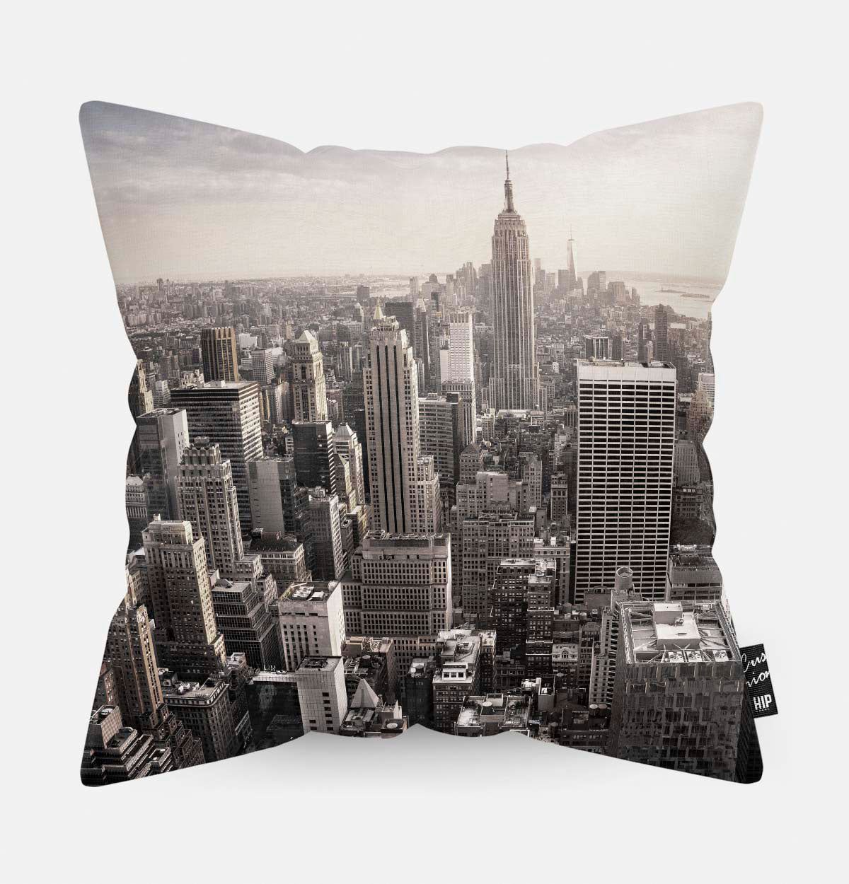 Voorzijde van een sierkussen met een afbeelding van New York Skyline