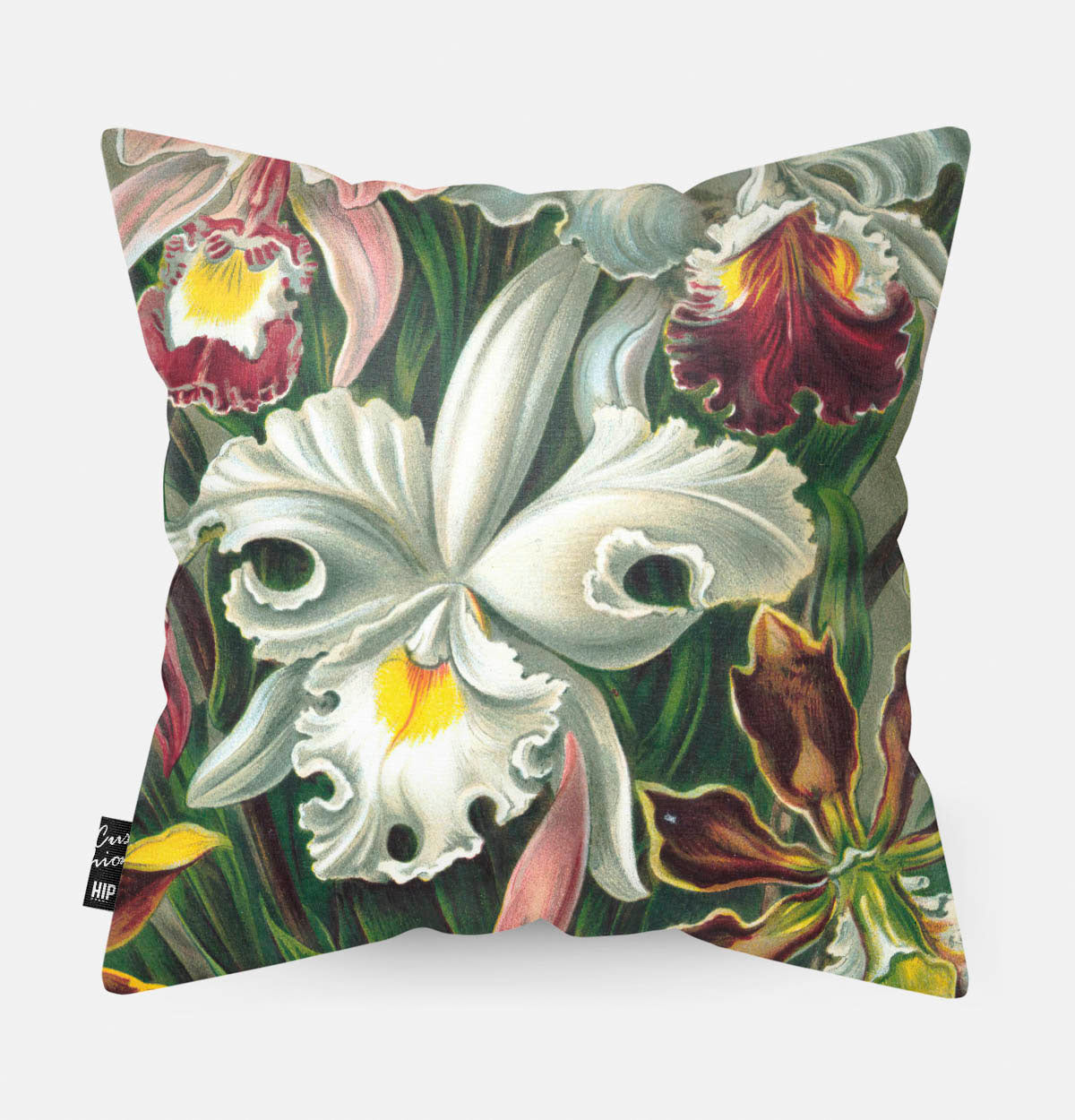 Kussen met schildering van orchidee erop afgebeeld.