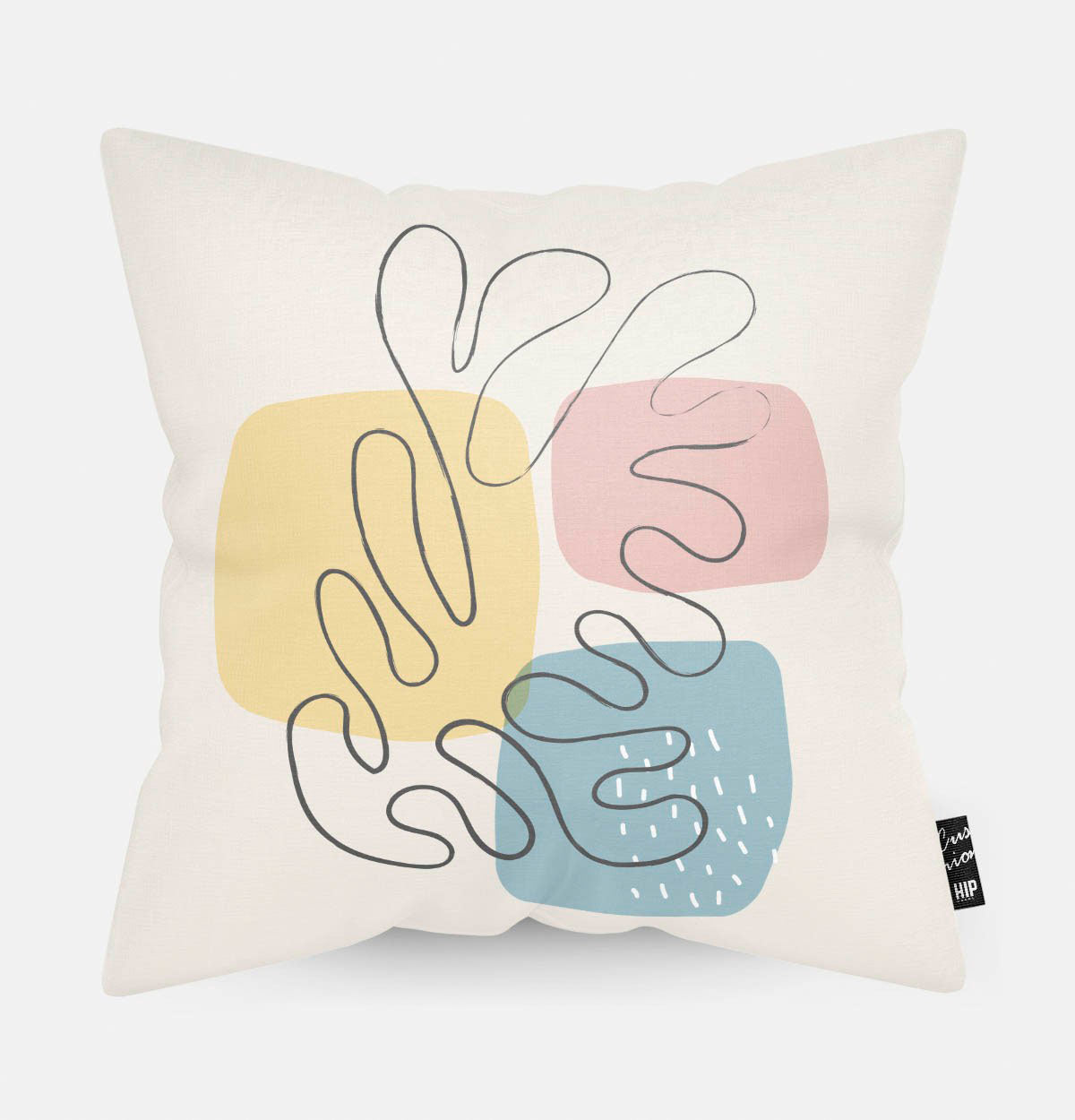 Kussen met line art met een organische zeewier plant en verschillende vierkanten erop.