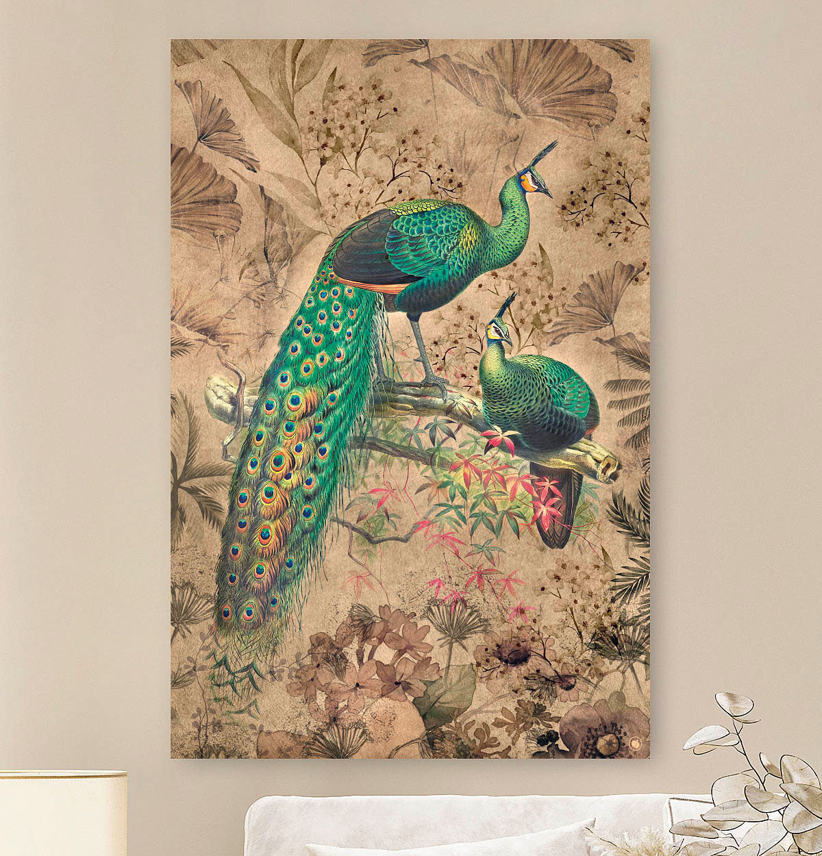 Schilderij met groene pauwen en een beige achtergrond