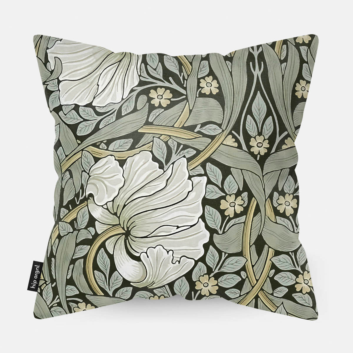 Achterzijde van een sierkussen met een groen patroon met witte bloemen