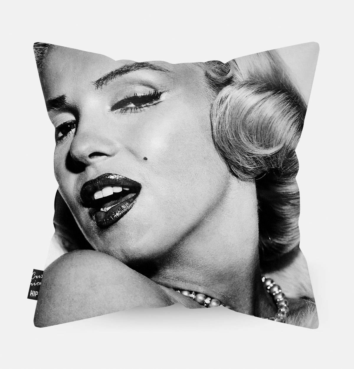Kussen met Marylin Monroe in het zwart-wit erop afgebeeld.