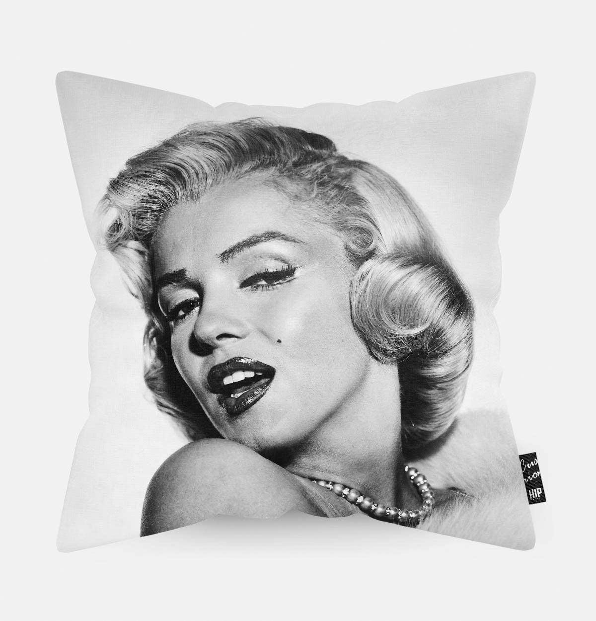 Kussen met Marylin Monroe in het zwart-wit erop afgebeeld.
