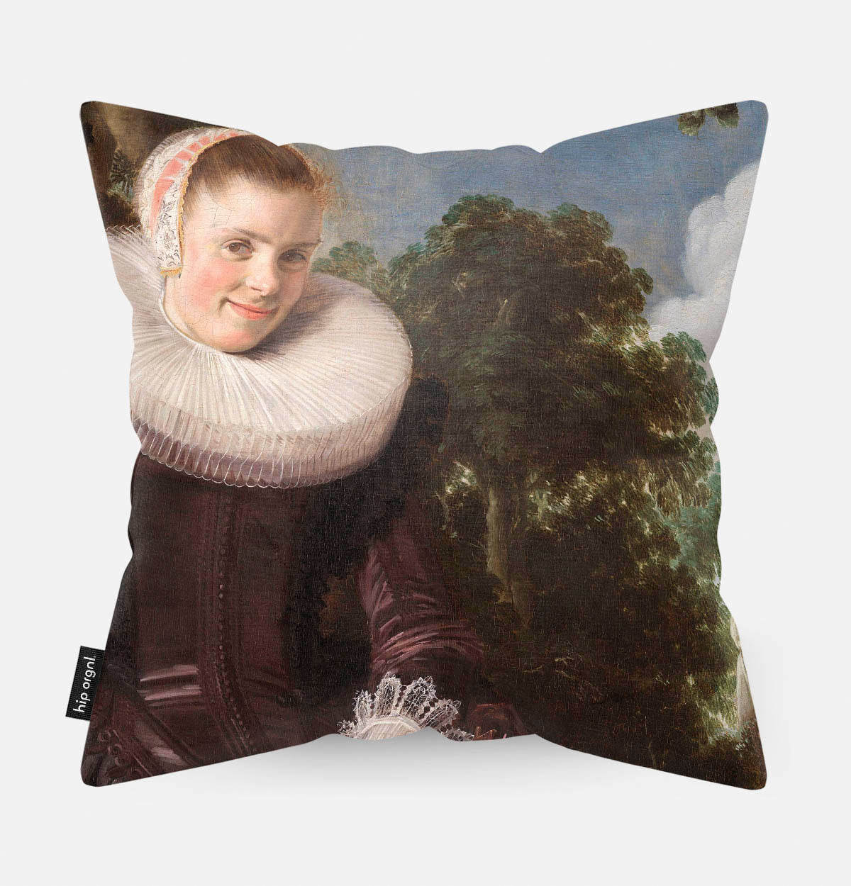 Kussen met schilderij van portret van een stel erop afgebeeld detail.