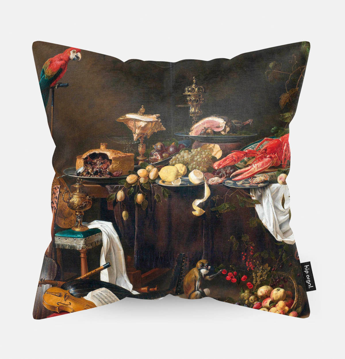 Kussen met schilderij van de Pronkstilleven met een kreeft en producten erop afgebeeld.