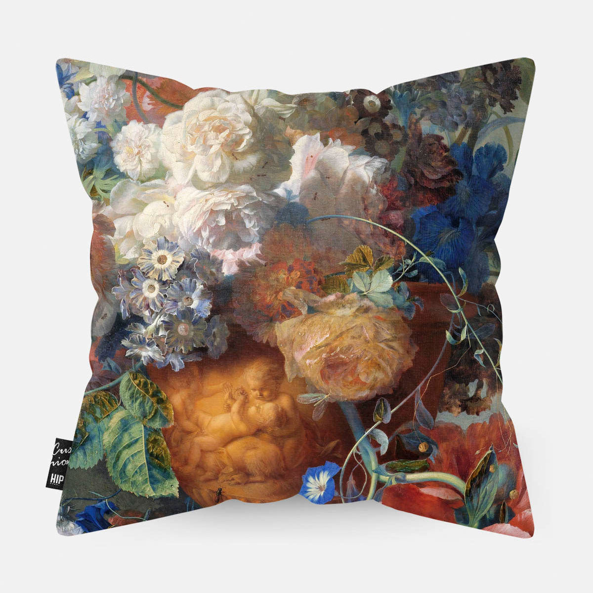 Kussen met schilderij van stilleven met bloemen van Huysum erop afgebeeld in detail.