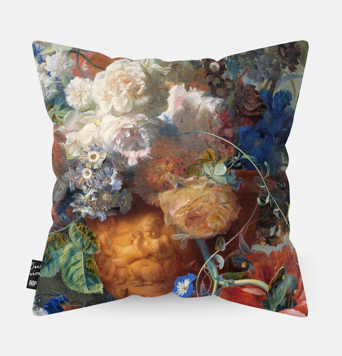 Kussen met schilderij van stilleven met bloemen van Huysum erop afgebeeld in detail.