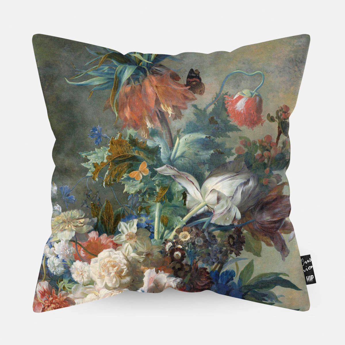 Kussen met schilderij van stilleven met bloemen van Huysum erop afgebeeld.