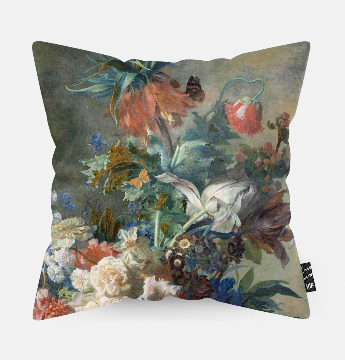 Kussen met schilderij van stilleven met bloemen van Huysum erop afgebeeld.