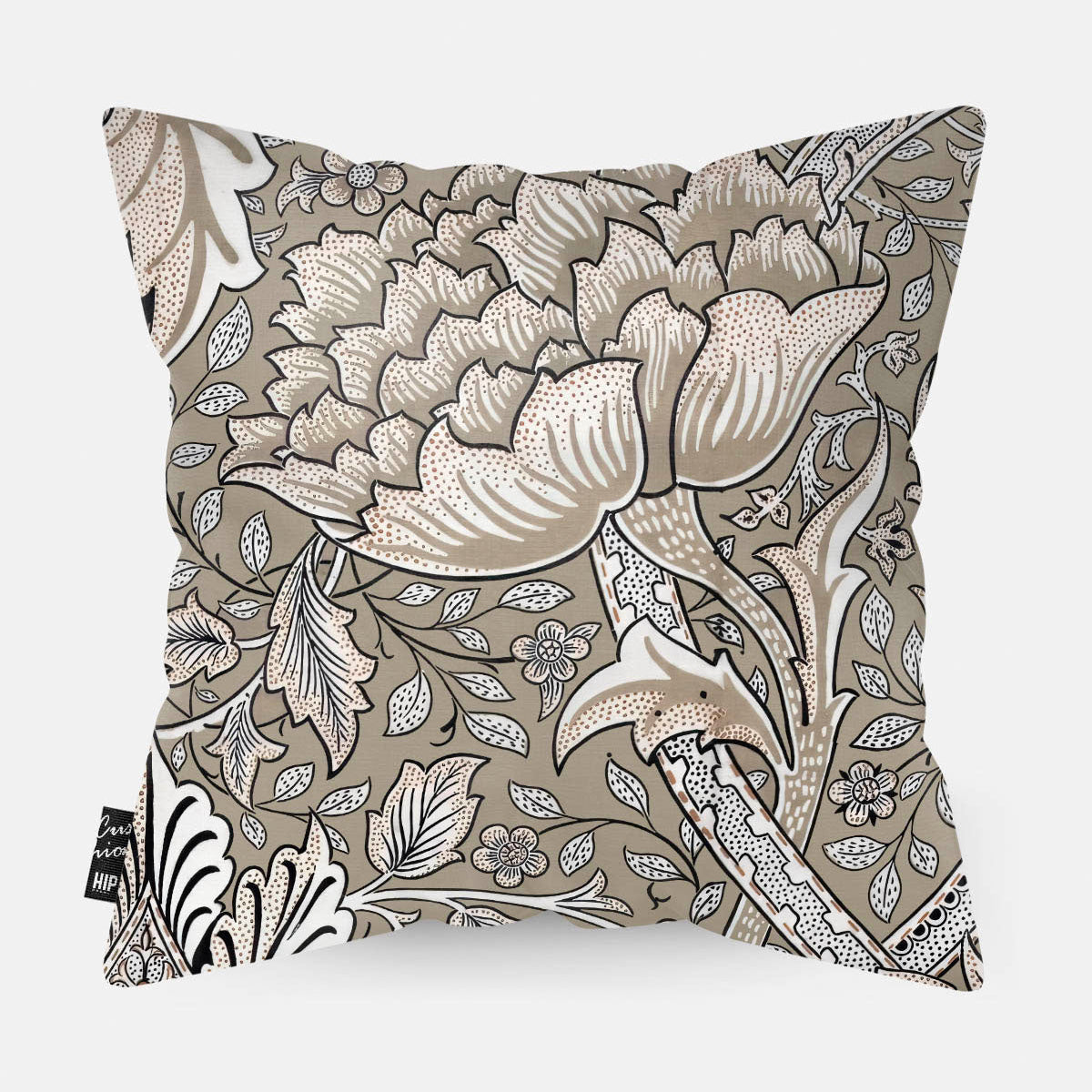 Sierkussen met een bloemen patroon en een beige bruine achtergrond kleur