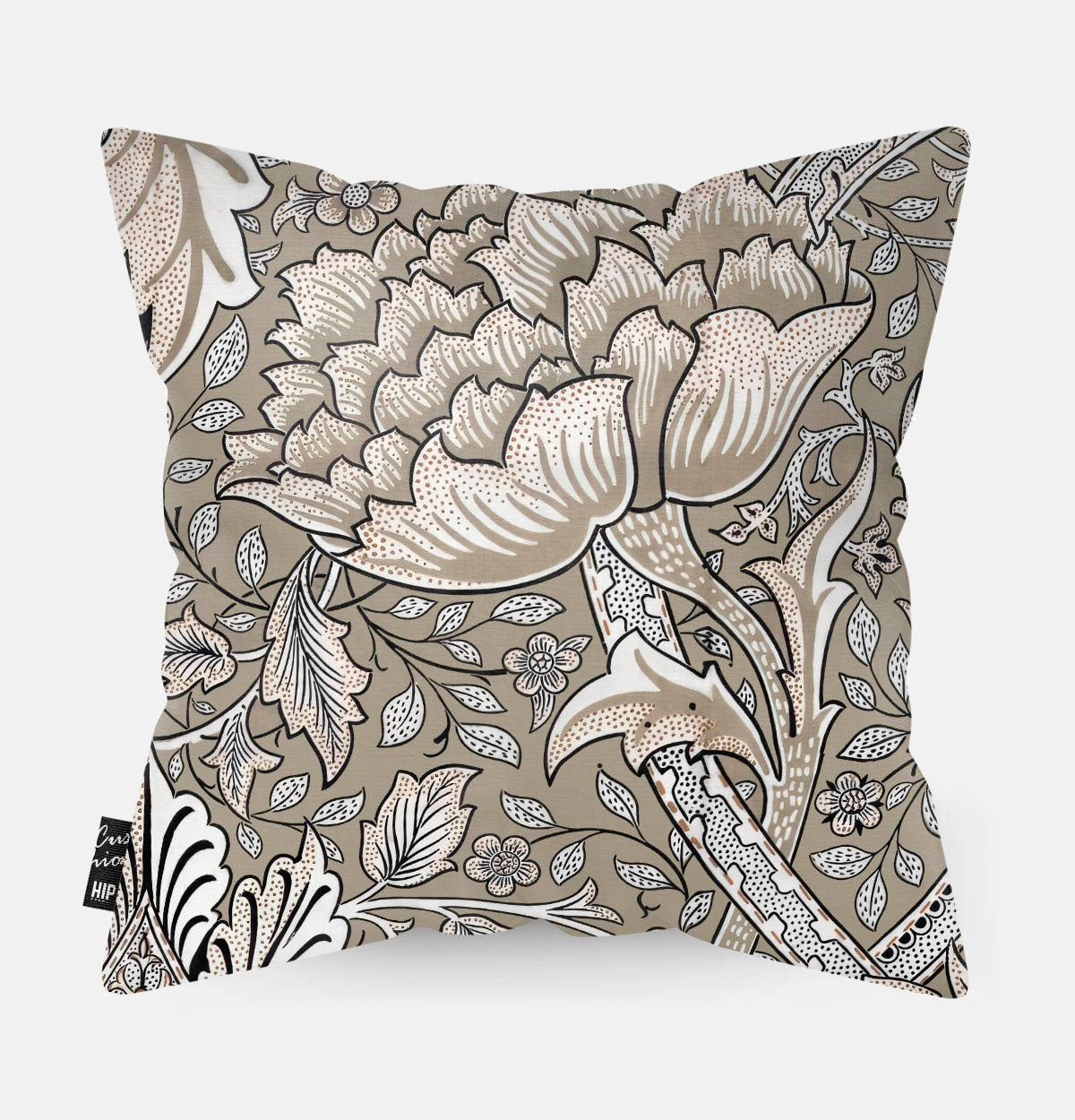 Sierkussen met een bloemen patroon en een beige bruine achtergrond kleur