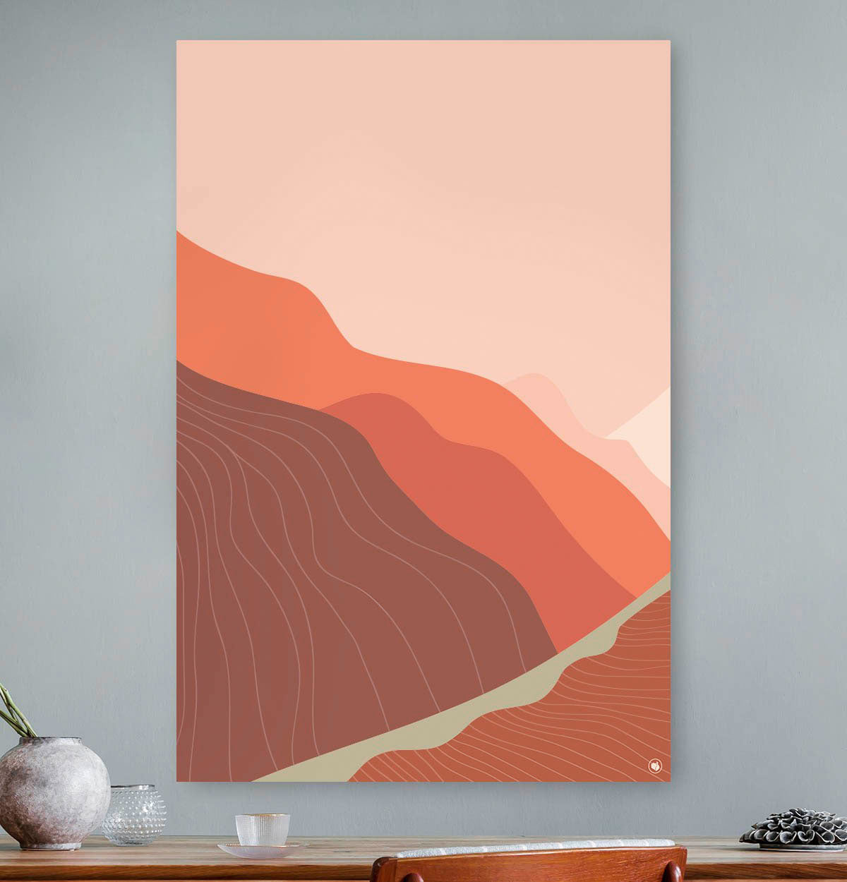 Vierkante wanddecoratie met abstracte bergen in moderne kunst erop.
