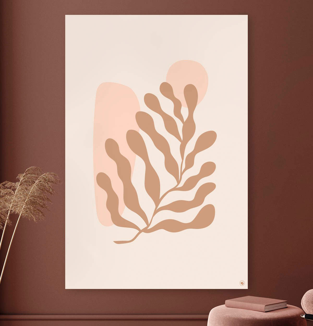Vierkante wanddecoratie met abstracte zeewier in moderne kunst erop.