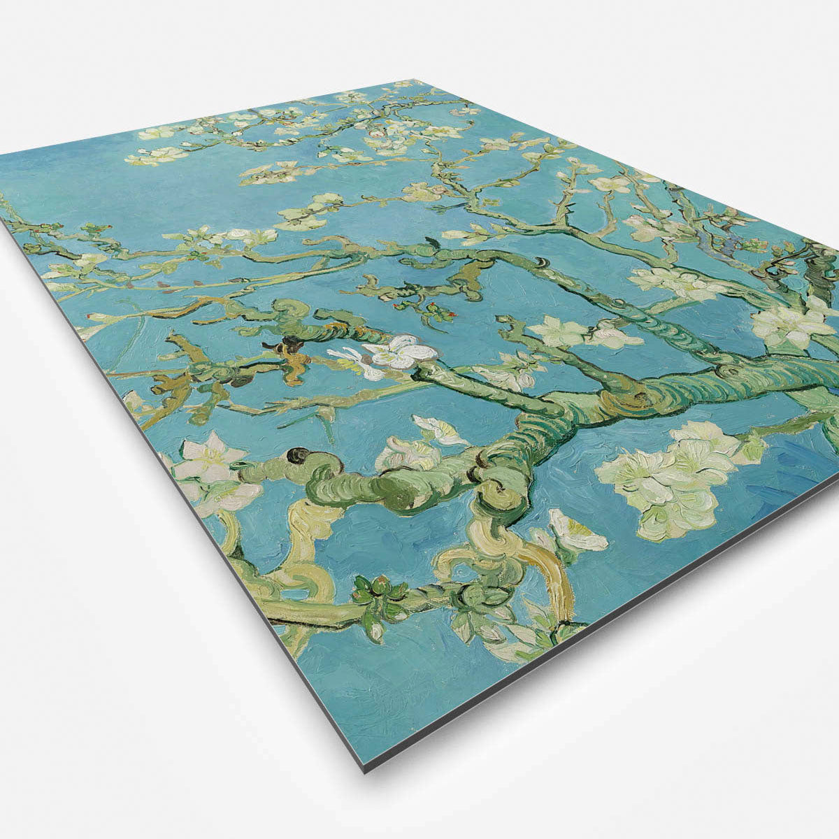 Vierkante wanddecoratie met schilderij Amandelbloesem erop.