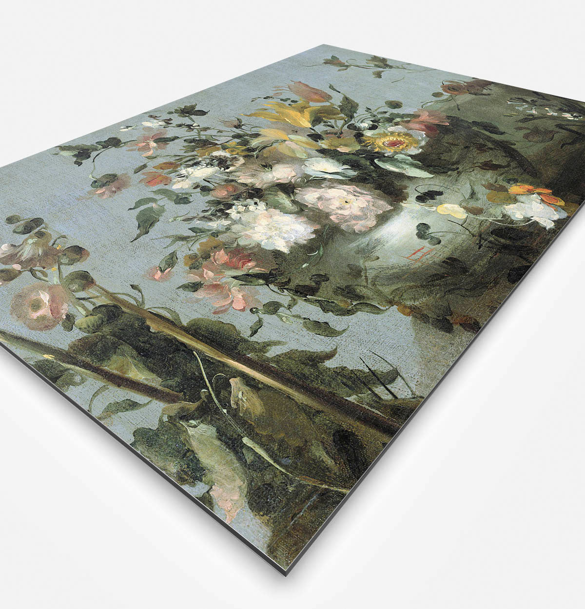 Vierkante wanddecoratie met bloemen van Guadi erop.