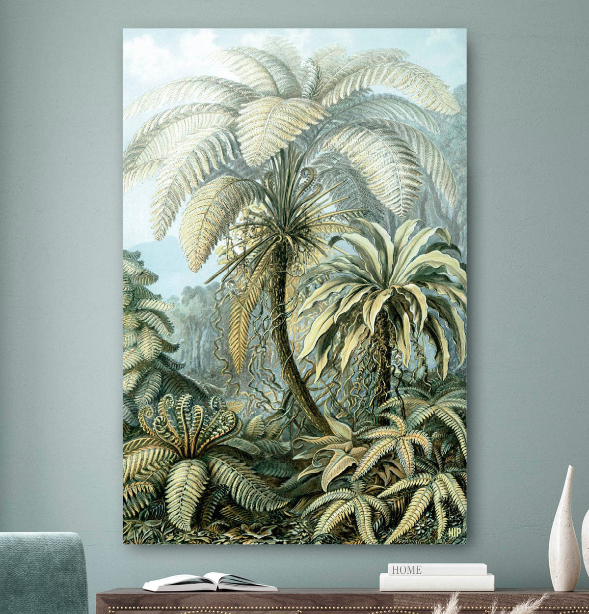 Vierkante wanddecoratie met botanische palmbomen erop.