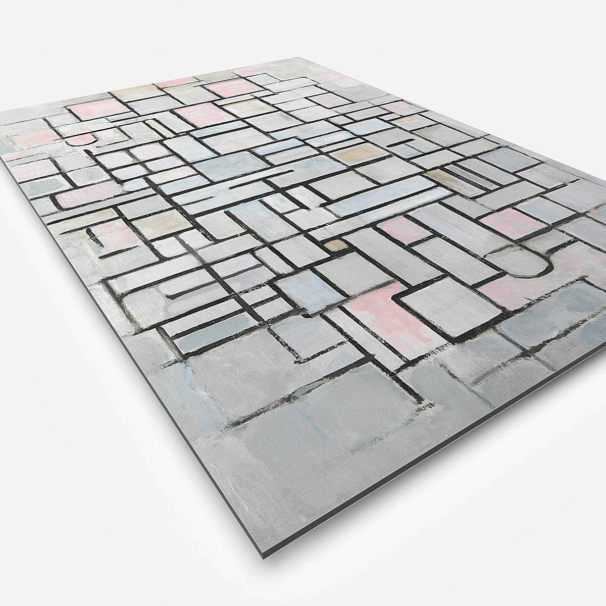 Vierkante wanddecoratie met compositie Mondriaan erop.