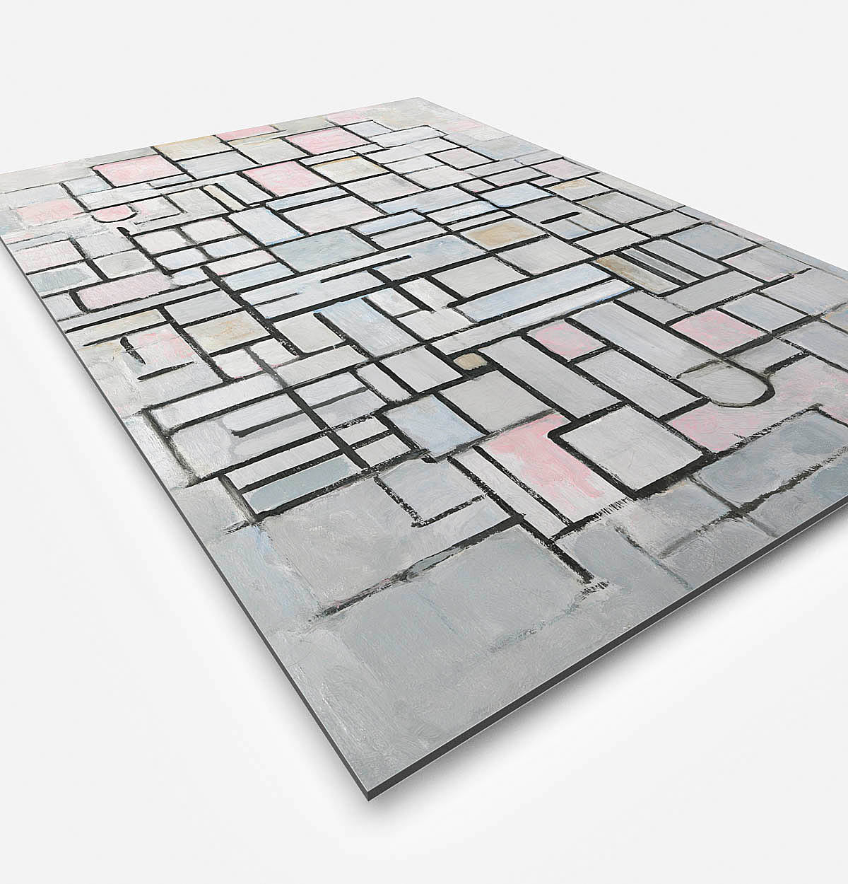 Vierkante wanddecoratie met compositie Mondriaan erop.