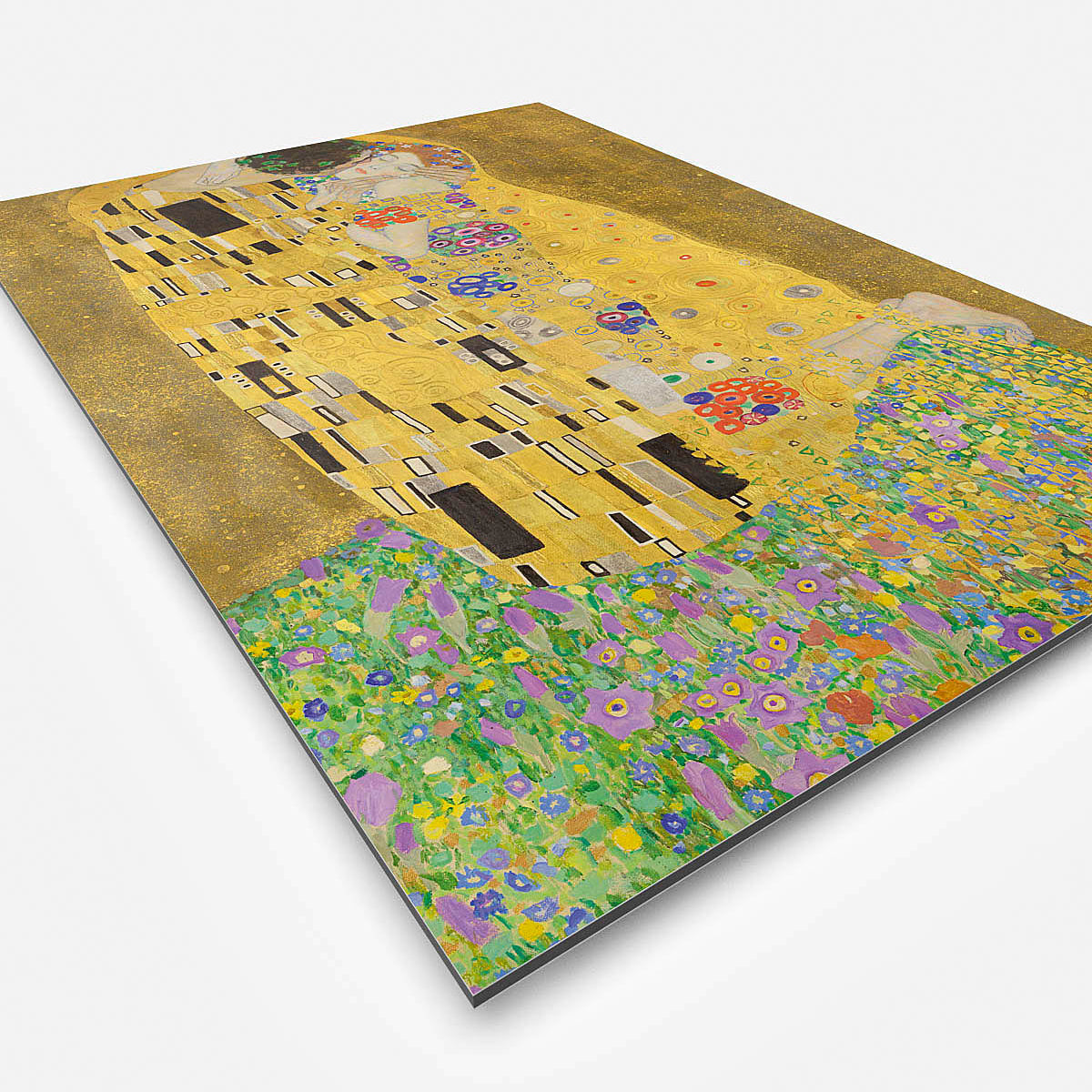 Vierkante wanddecoratie met schilderij van de Kus erop.