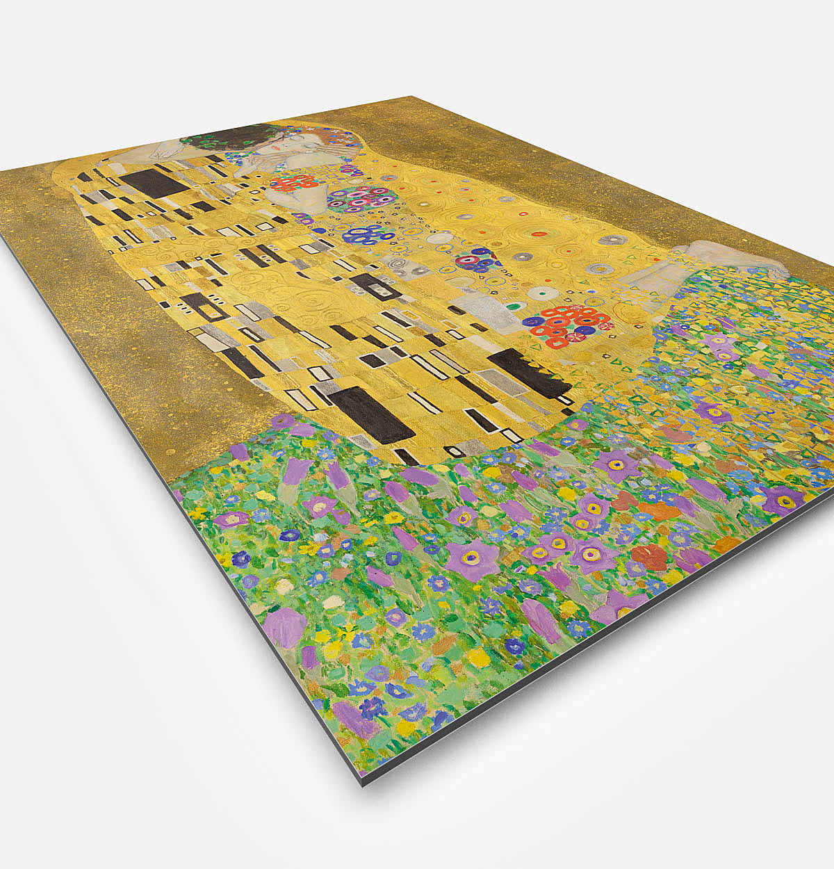 Vierkante wanddecoratie met schilderij van de Kus erop.