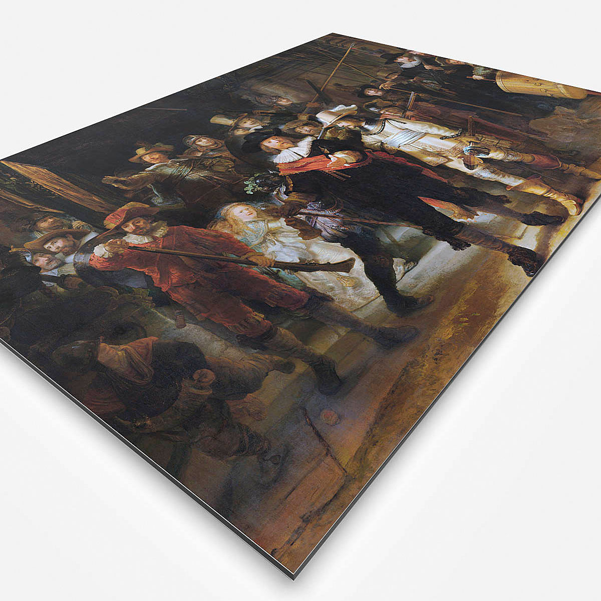 Vierkante wanddecoratie met schilderij van de Nachtwacht erop.