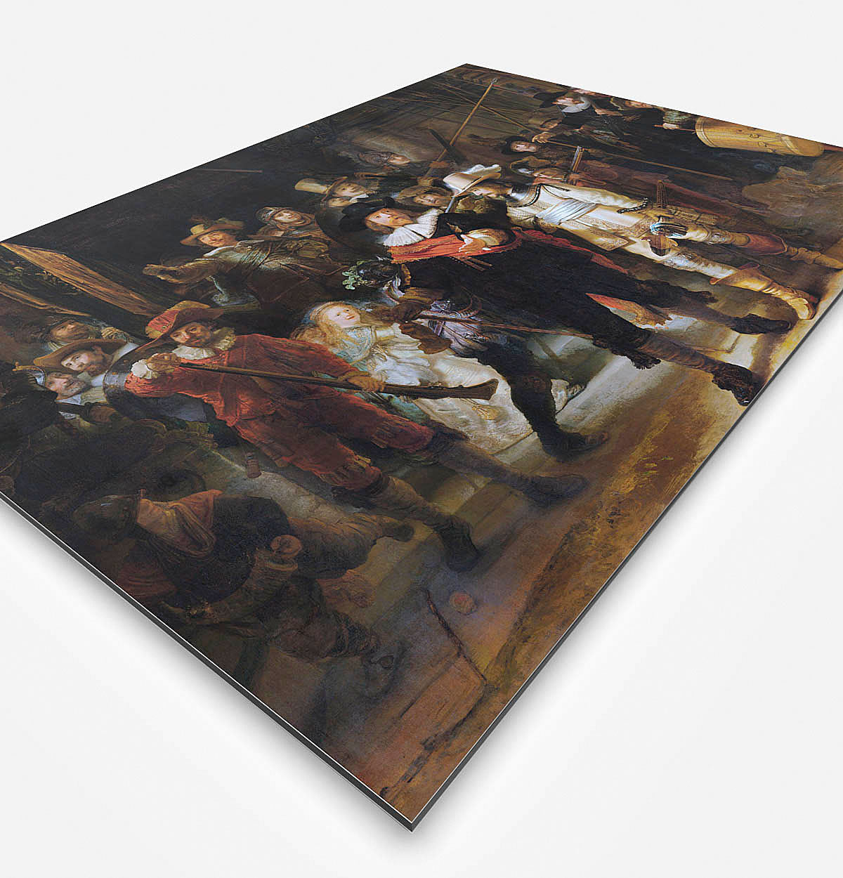 Vierkante wanddecoratie met schilderij van de Nachtwacht erop.
