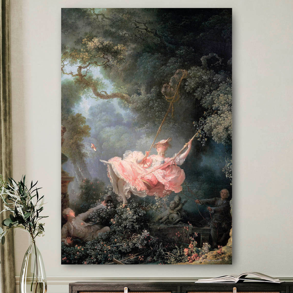 Vierkante wanddecoratie met schilderij van de schommel erop.