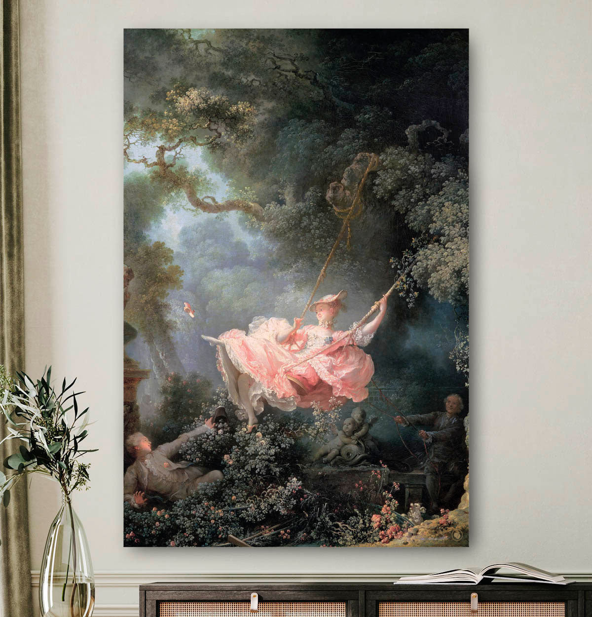 Vierkante wanddecoratie met schilderij van de schommel erop.