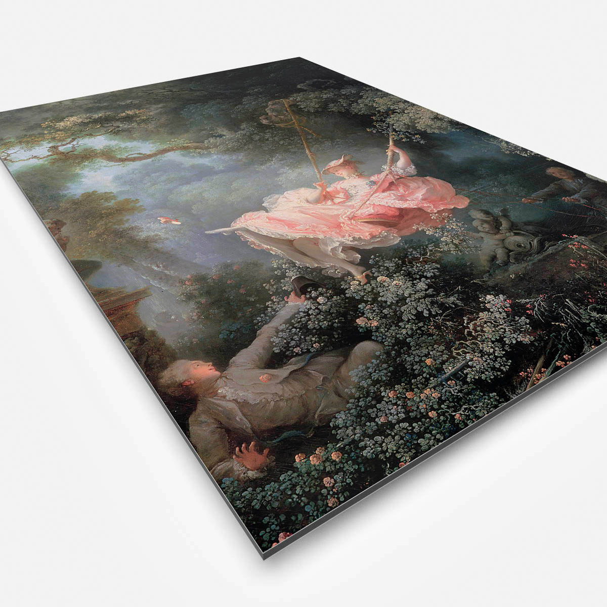 Vierkante wanddecoratie met schilderij van de schommel erop.