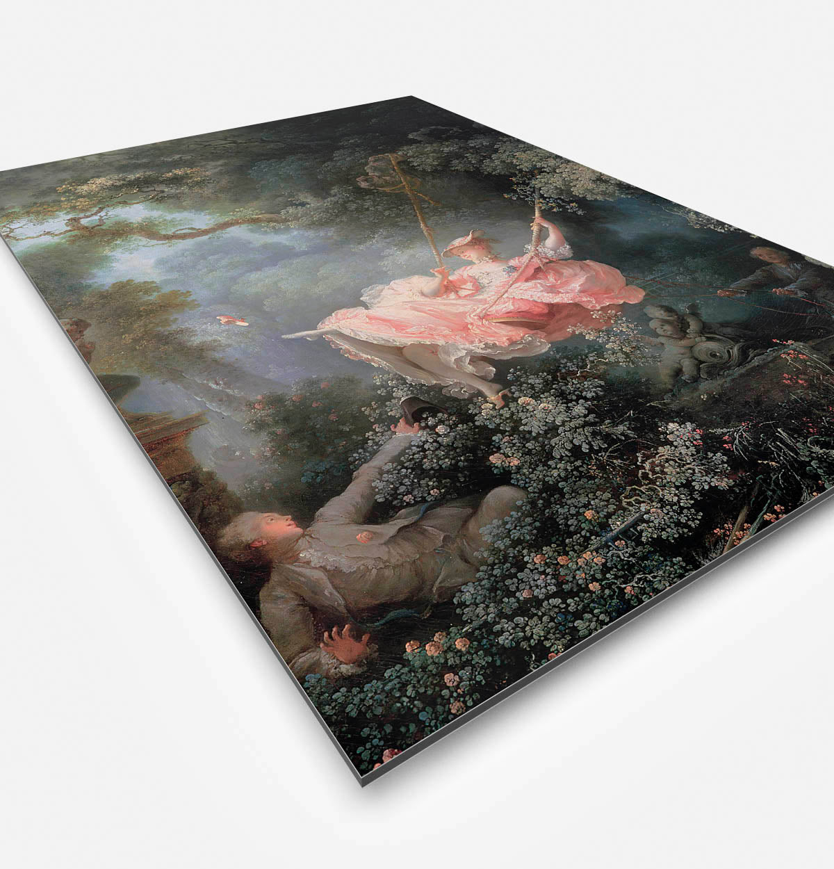 Vierkante wanddecoratie met schilderij van de schommel erop.