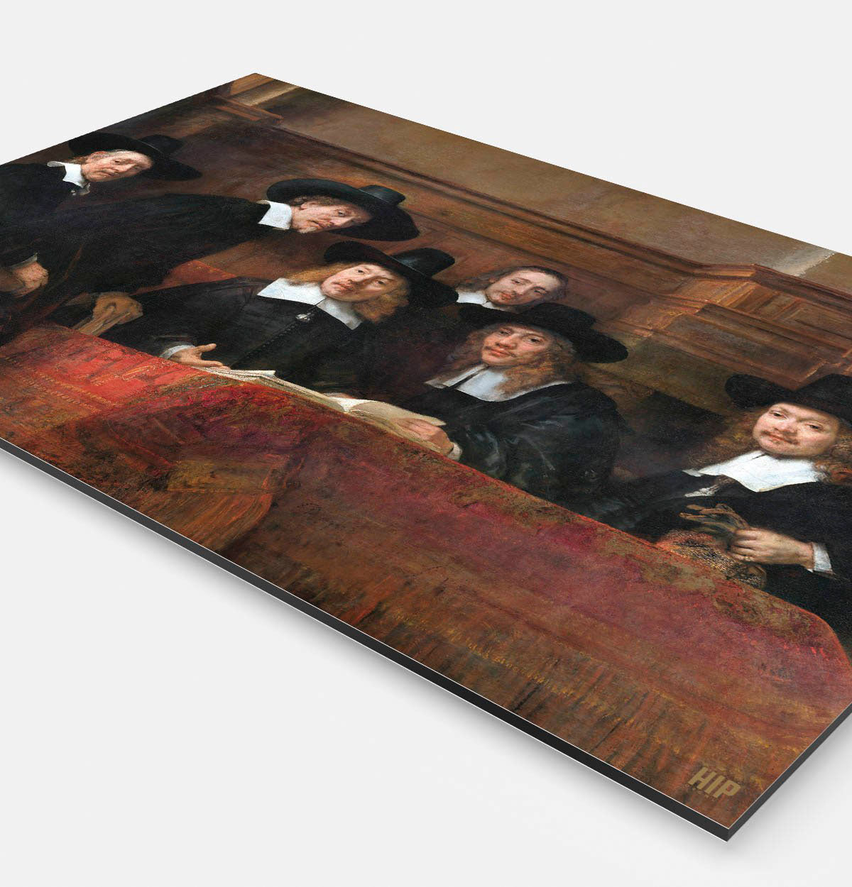 Vierkante wanddecoratie met schilderij van de staalmeesters erop.