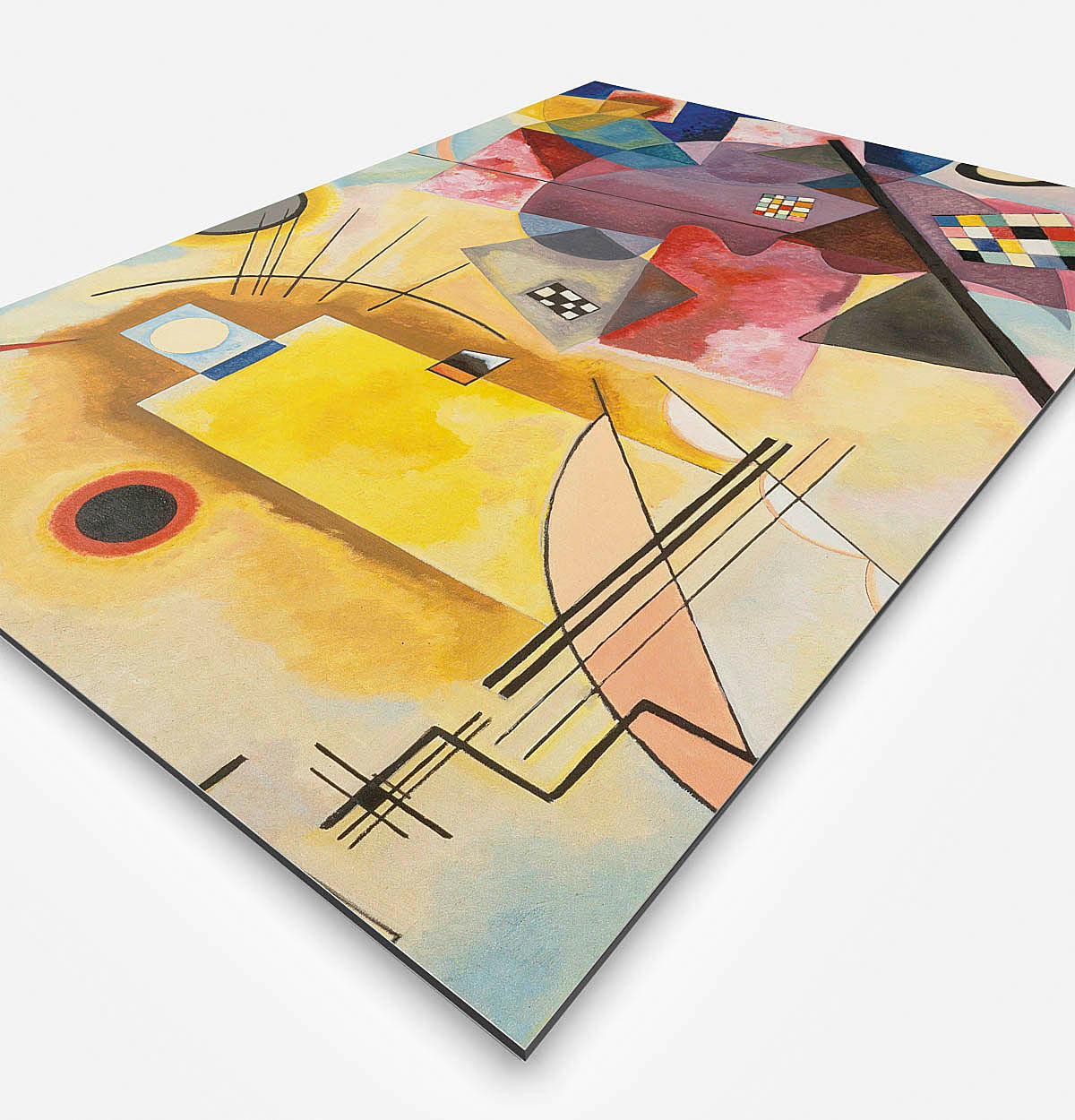 Vierkante wanddecoratie met moderne kunst in geel, rood, blauw erop.