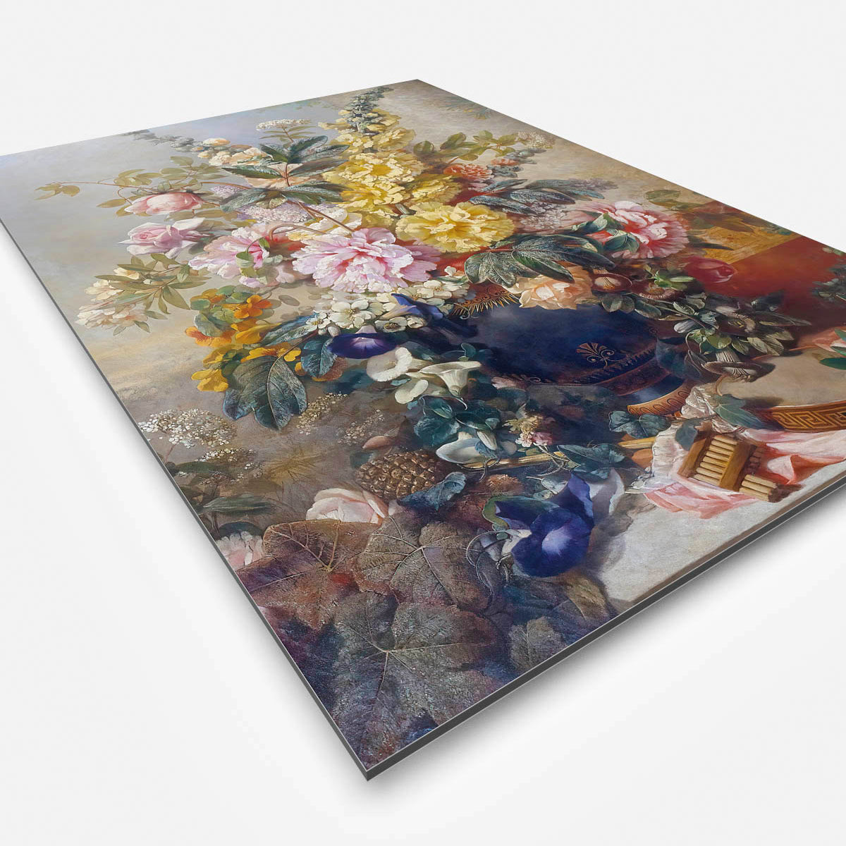 Vierkante wanddecoratie met schilderij van een grote vaas met Bloemen Mirabent erop.