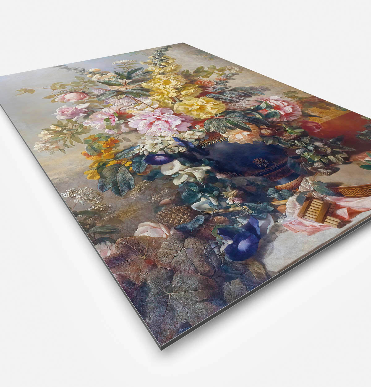 Vierkante wanddecoratie met schilderij van een grote vaas met Bloemen Mirabent erop.