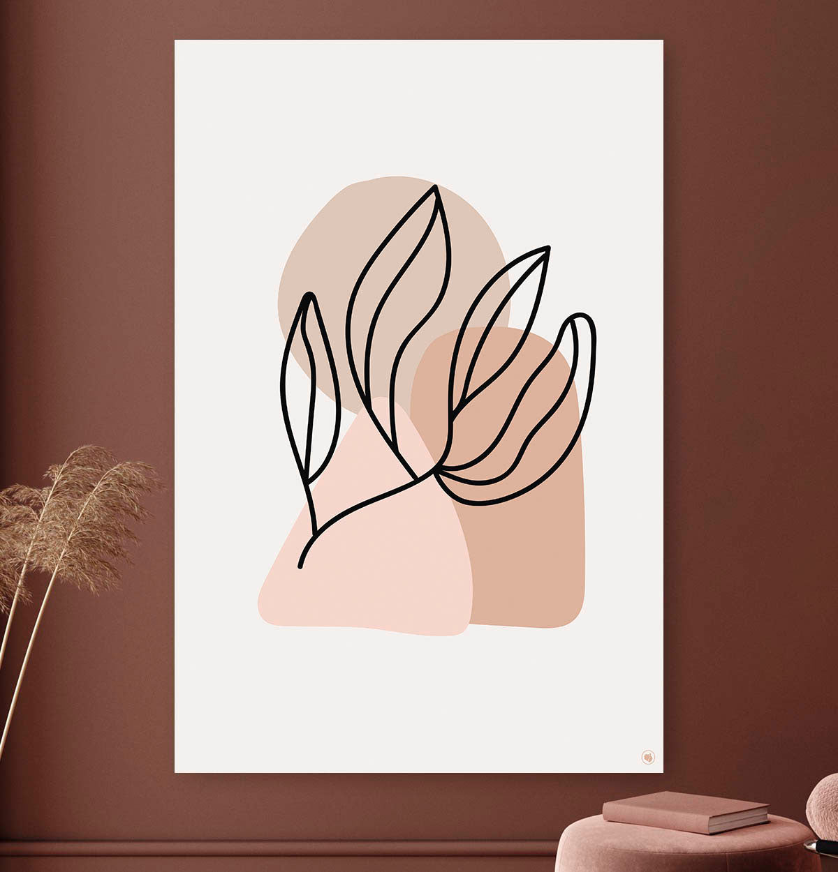 Vierkante wanddecoratie met illustratie van botanisch blad in moderne kunst erop.