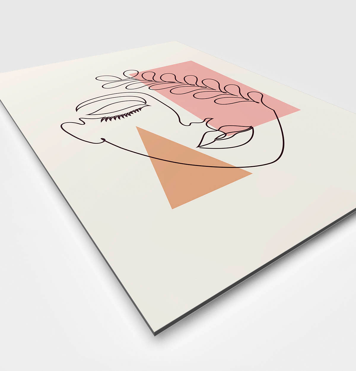 Vierkante wanddecoratie met gezicht met blad over oog in moderne kunst erop.